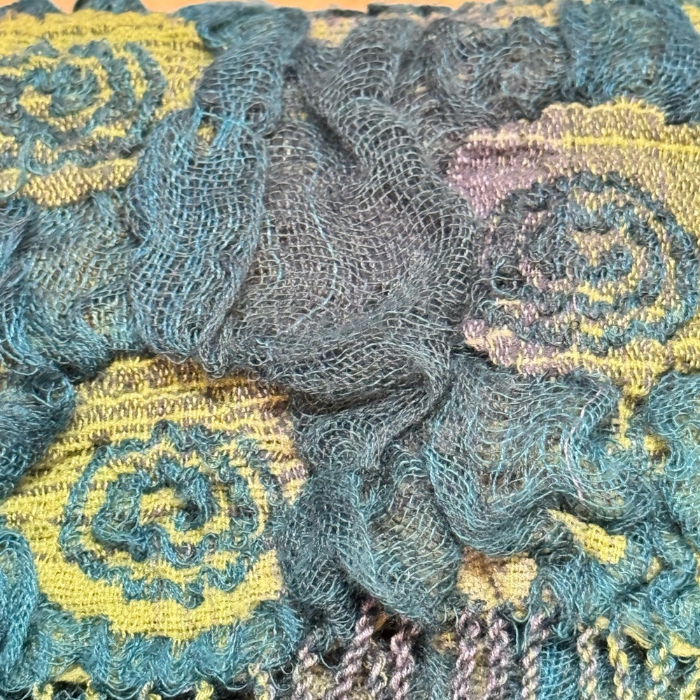 Unique Floral Scarf in Blues & Greens, Textured Flowers with Fringe - Picture 12 of 12